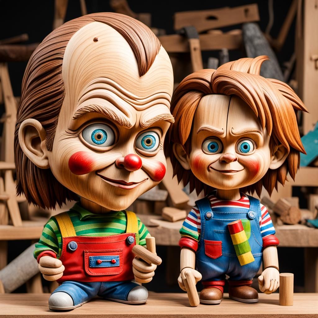 chucky pinochio with a long nose and workhome at background,...