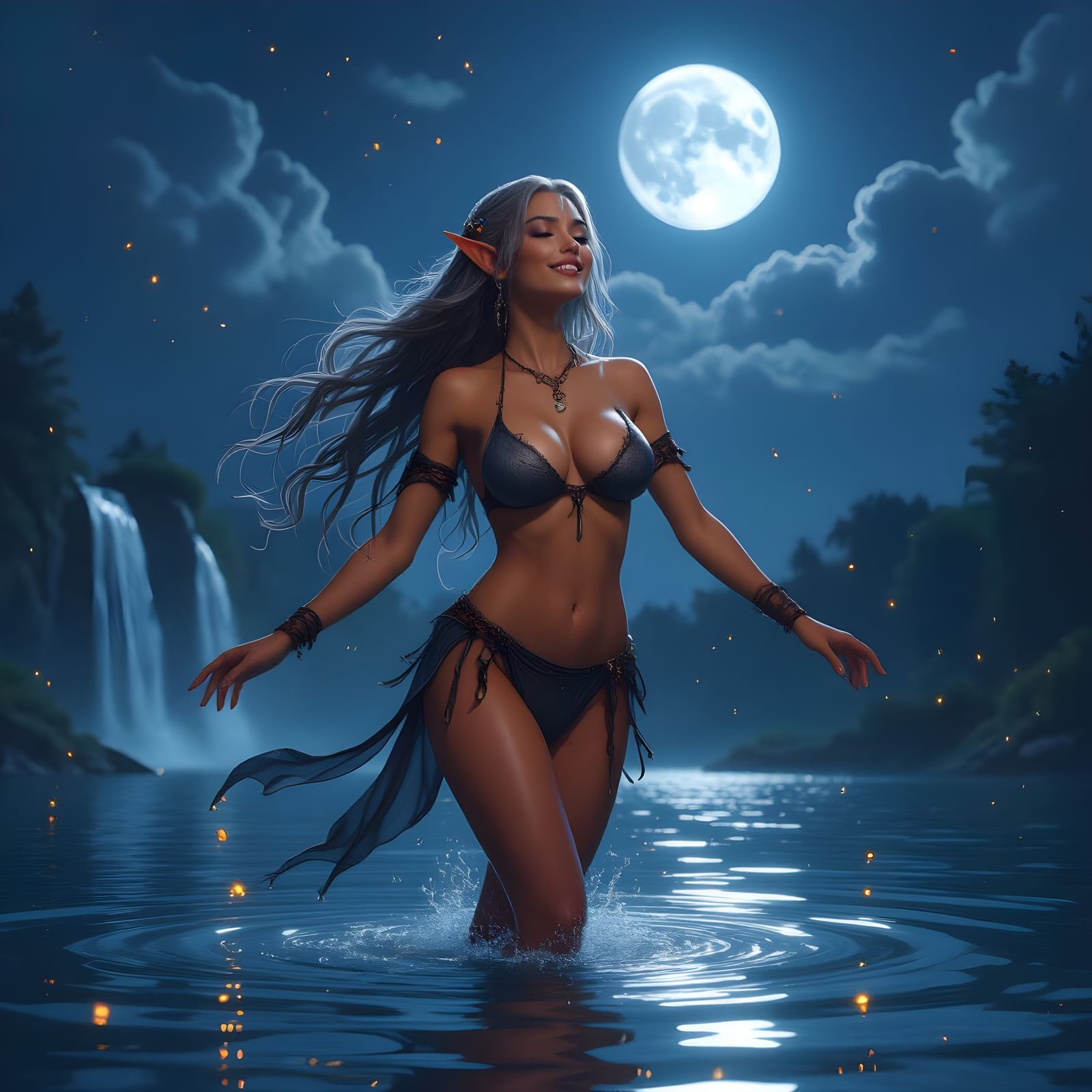 Elf Dancer by Waterfalls in Moonlight