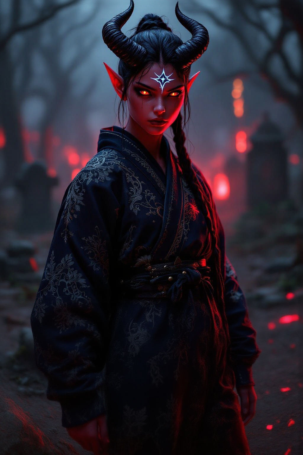 Tiefling Monk in Misty Cemetery: Digital Art