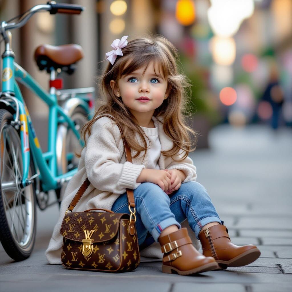 Curious Toddler Girl With Designer Accessories Near Bicycle