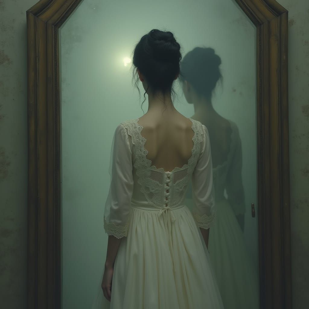 A Woman's Eerie Reflection in a Haunting, Antique Atmosphere