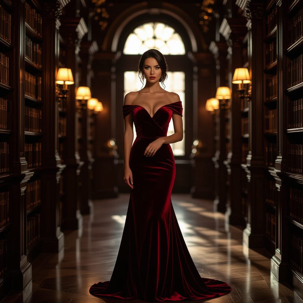 Elegant Woman in Velvet Gown in Chiaroscuro Library