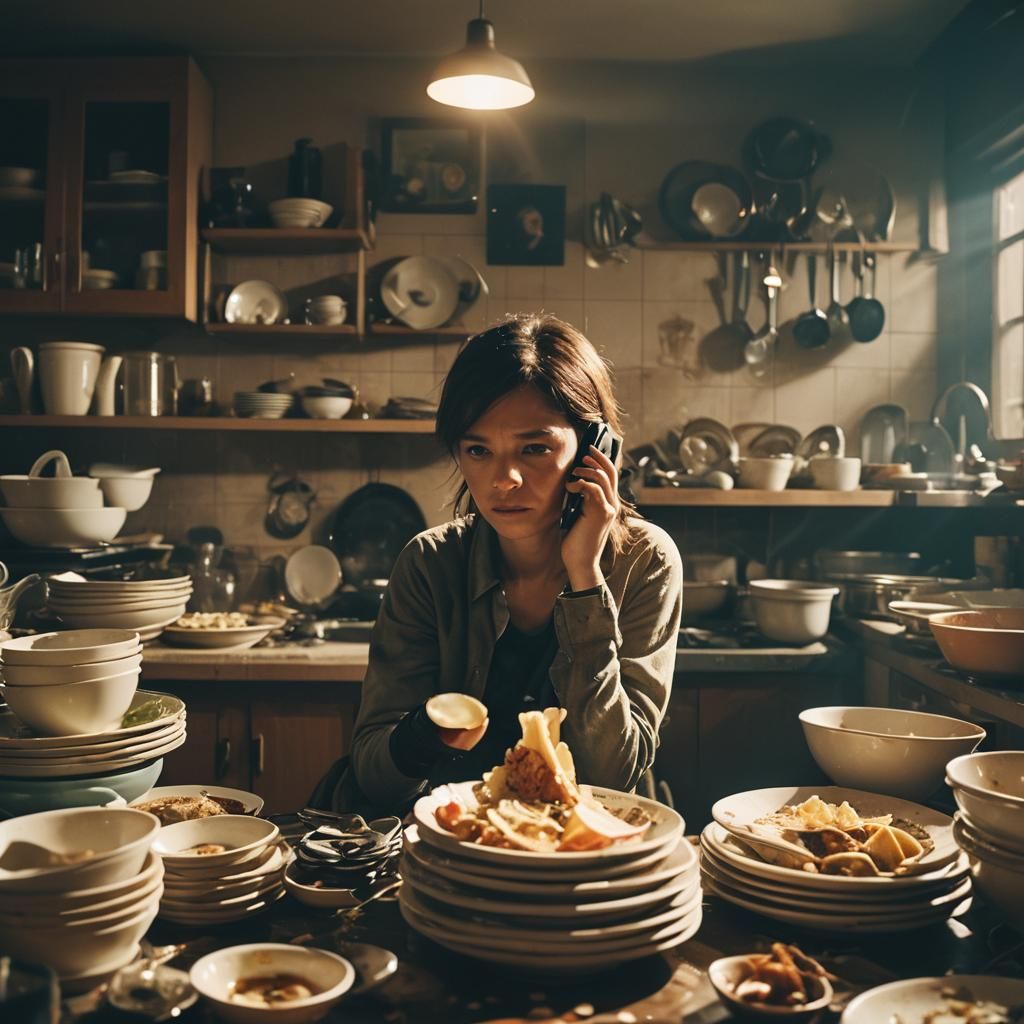 Cinematic Film Still: Person with Dirty Dishes