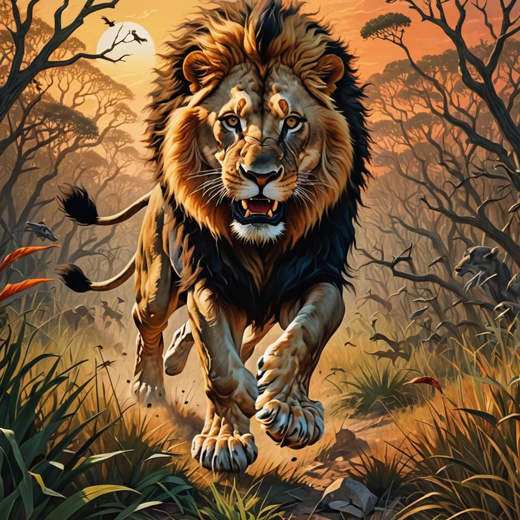 Lion Attacks Hunter: Surreal Wildlife Art