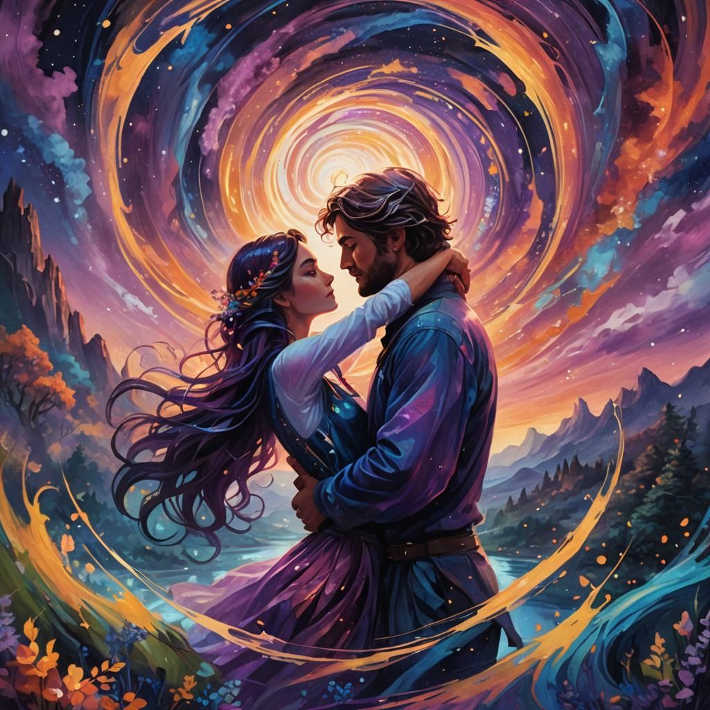 Lovers Embrace in Ethereal Fantasy Landscape