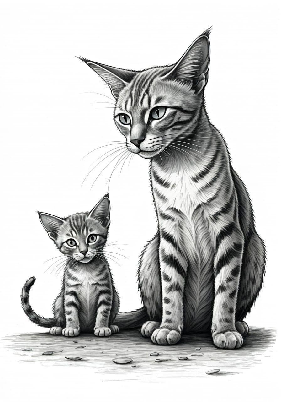 Mother Cat Teaches Kitten: A Pencil Sketch