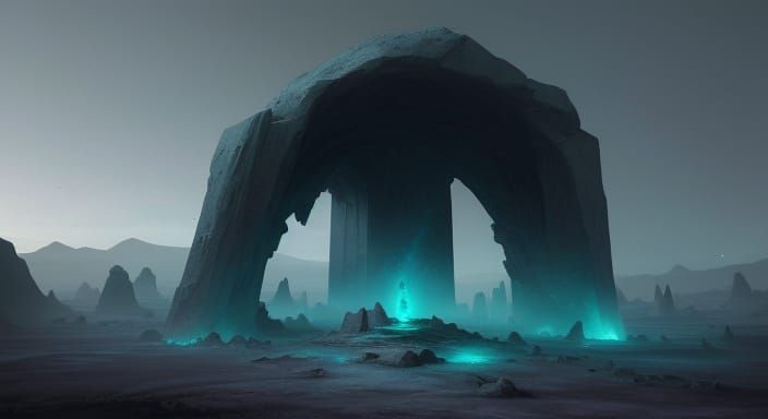 Mysterious Alien Stone with Glowing Runes in Cosmic Landscap...