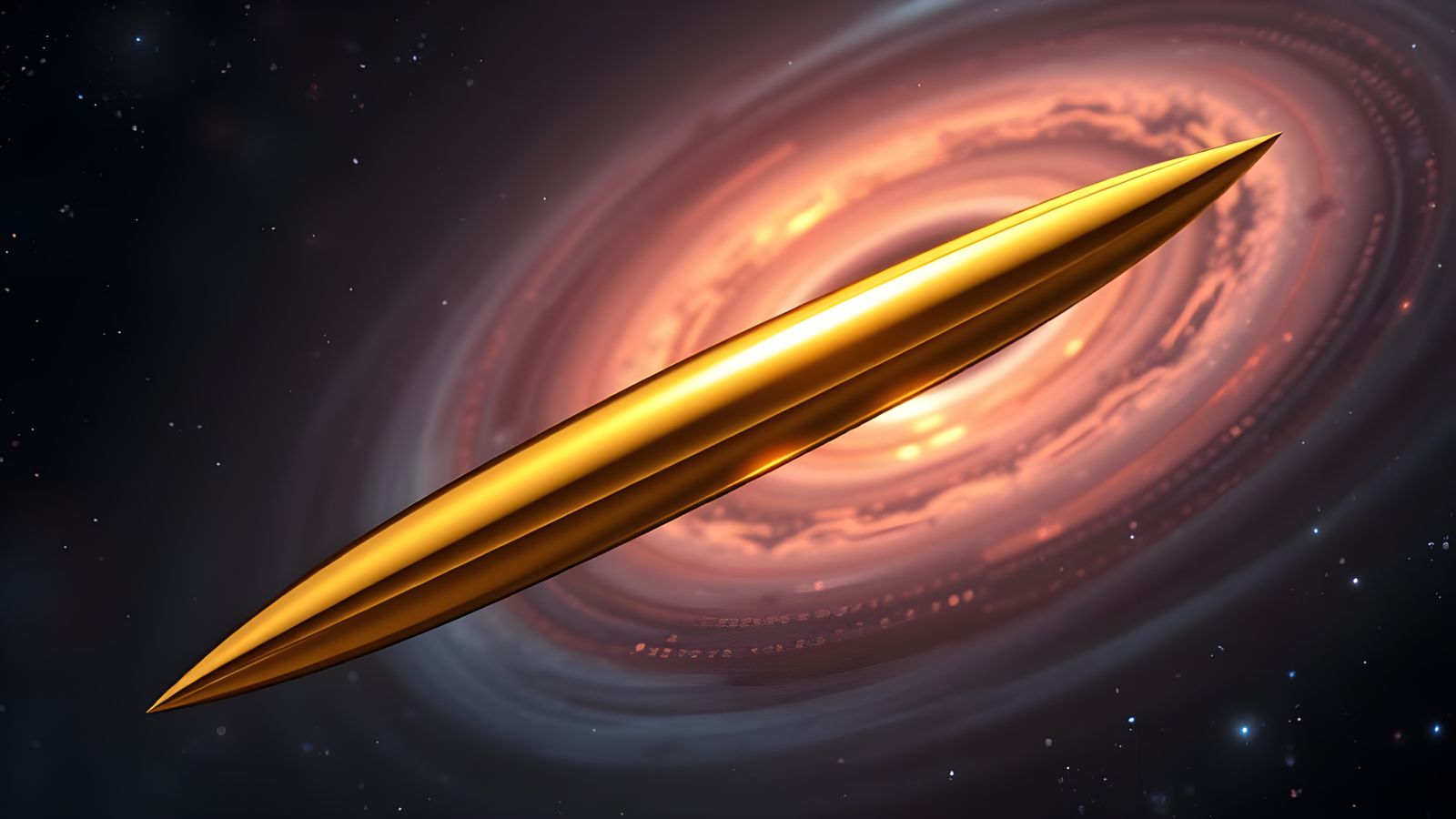 Golden Interstellar Starship in Swirling Vortex