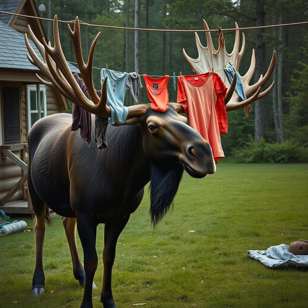 Moose with Clothes Caught on Antlers in Backyard