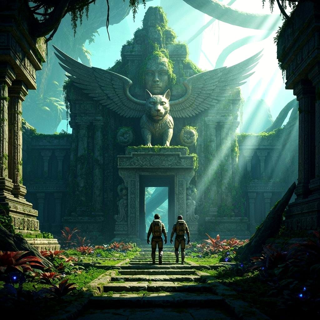 Alien Temple Discovery: Winged Feline God in Hyperrealism