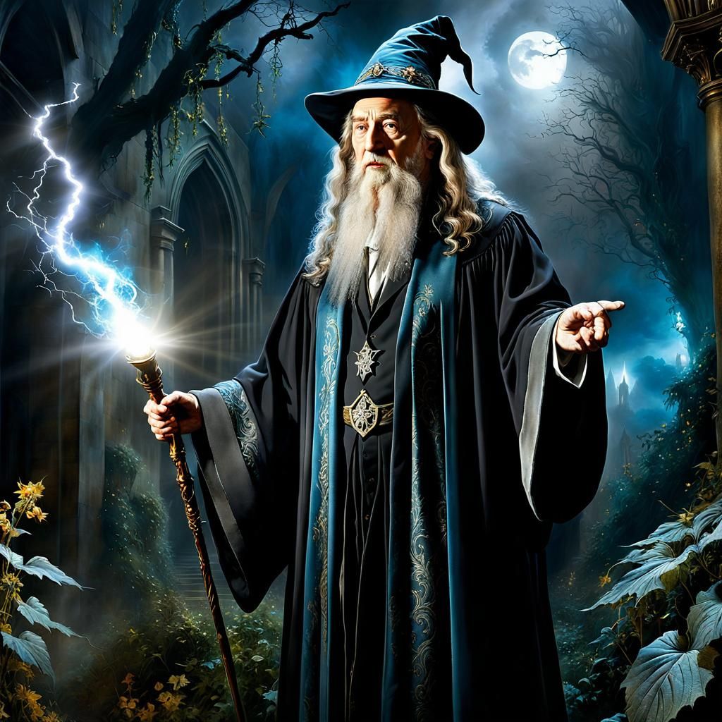 Dumbledore Waving Wand in Digital Baroque Style