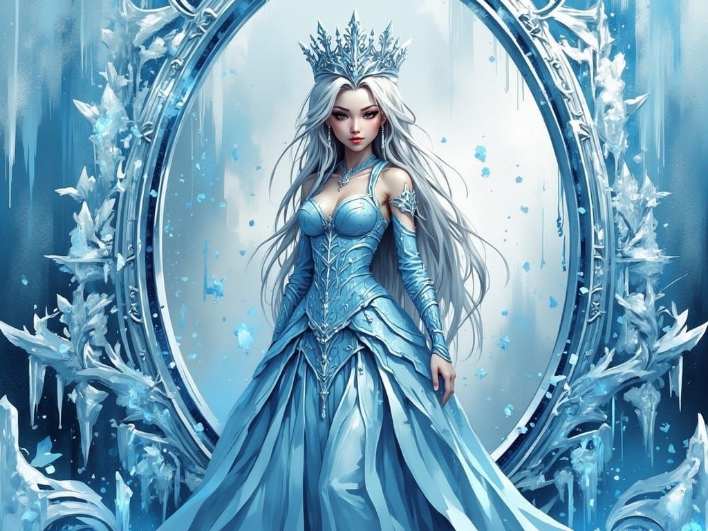 Anime Snow Queen in Frozen Mirror