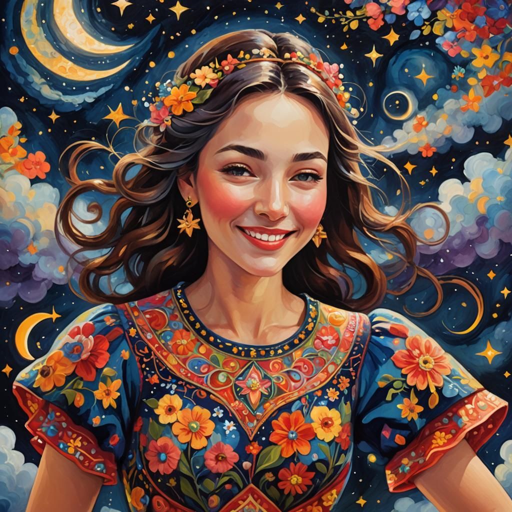 Smiling Woman in Floral Dress Under Starry Sky
