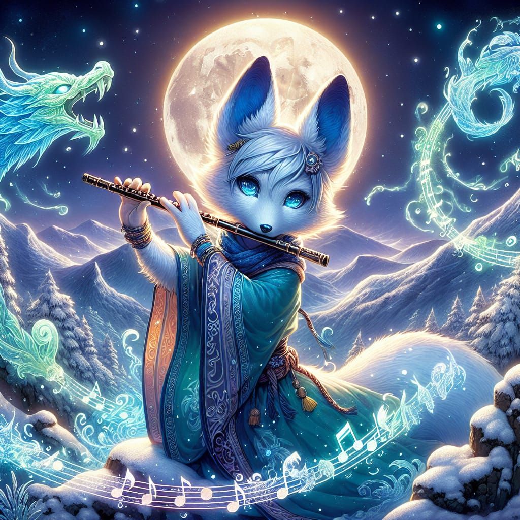 Anthropomorphic Fox Charms Dragon with Flute on Snowy Mounta...