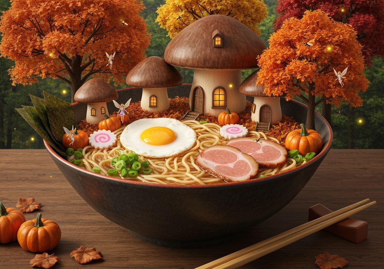 Miniature Autumn Forest Ramen Scene with Fairies
