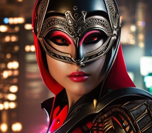 Cyberpunk Assassin with Glowing Eyes in Cityscape