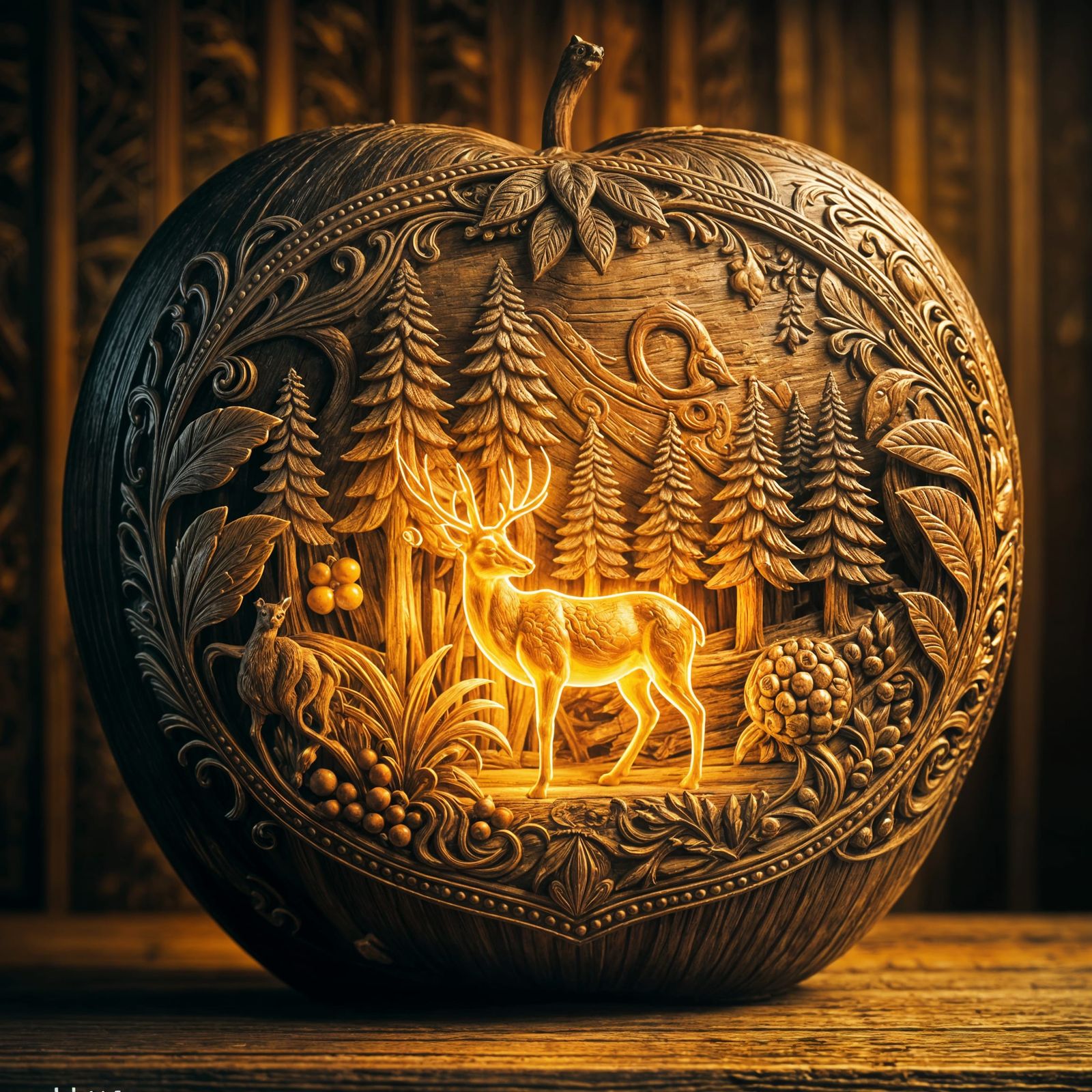 Ornate Wooden Apple Carving of Forest Scene