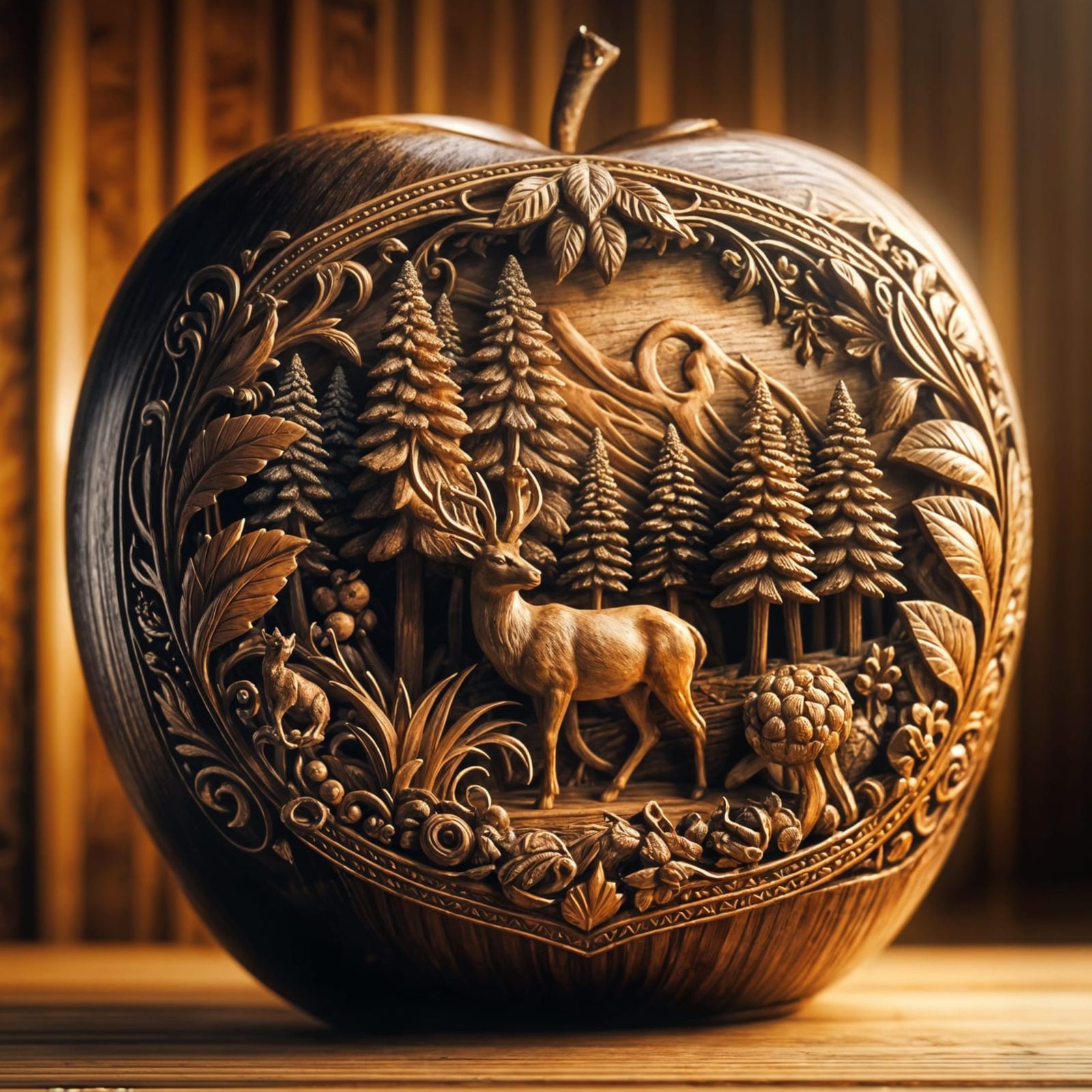 Majestic Carved Wooden Apple Forest Scene