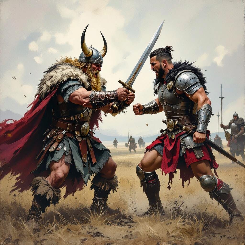 Viking Warrior Battles Armored Opponent on War Field