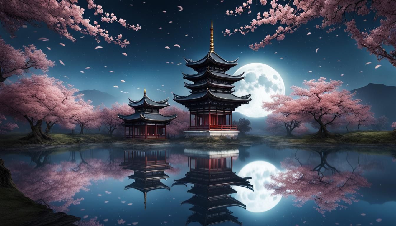 Moonlit Lake Logo with Cherry Trees and Pagoda