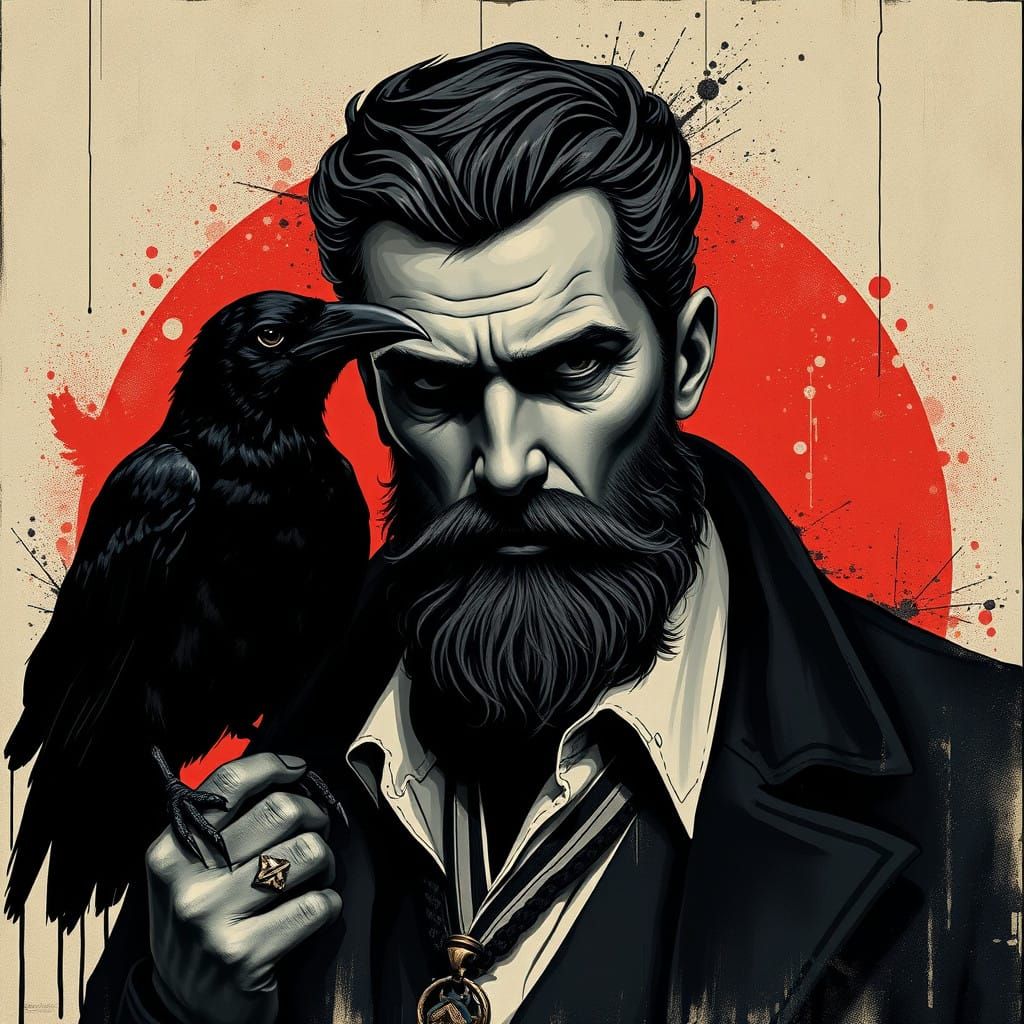 Dark, Handsome Bearded Man with Crow in a Futuristic Art Dec...