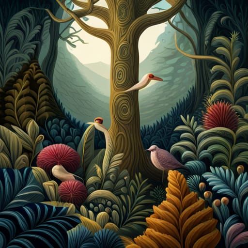 Surreal Enchanted Forest Illustration in Vintage Style