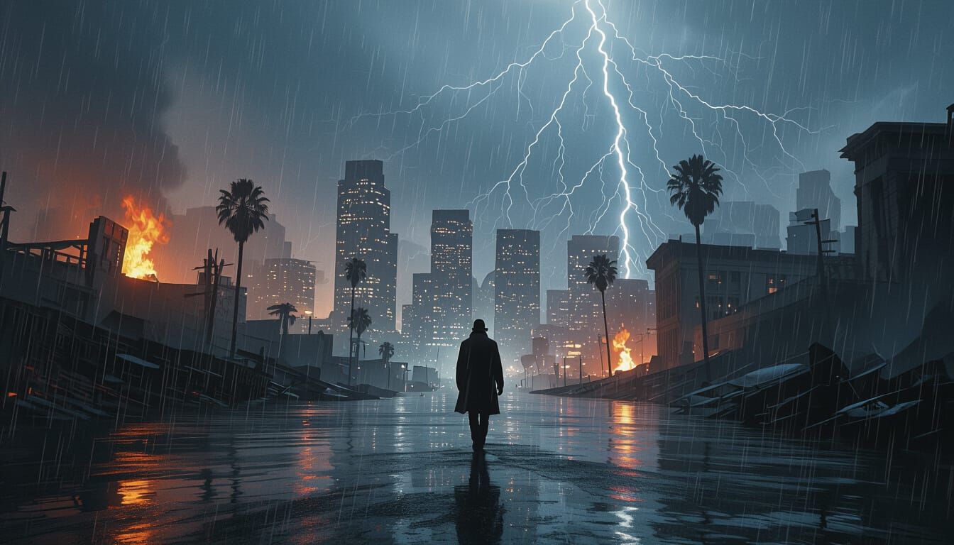 Flooded Los Angeles Ruins at Night: Detective Noir