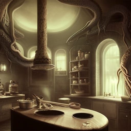 Haunted Kitchen Tentacles in Hyperrealistic Horror Style