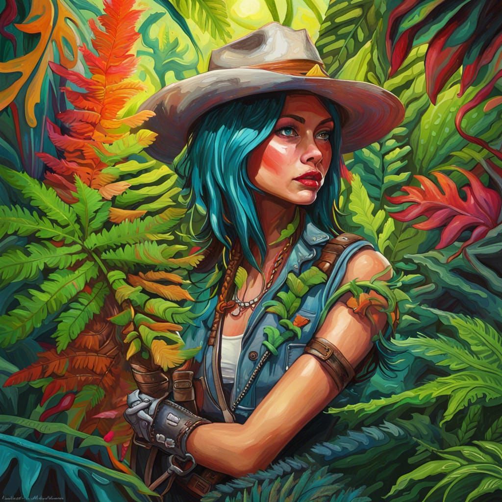 Whimsical Cowgirl in Jurassic Tropical Scene