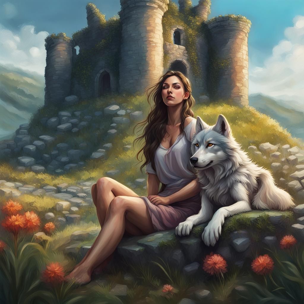 Realistic Wolf Woman in Ruined Castle