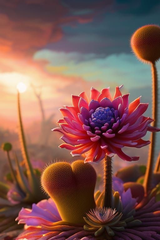 Cactus Flower Sunset: Hyperdetailed Gouache Illustration