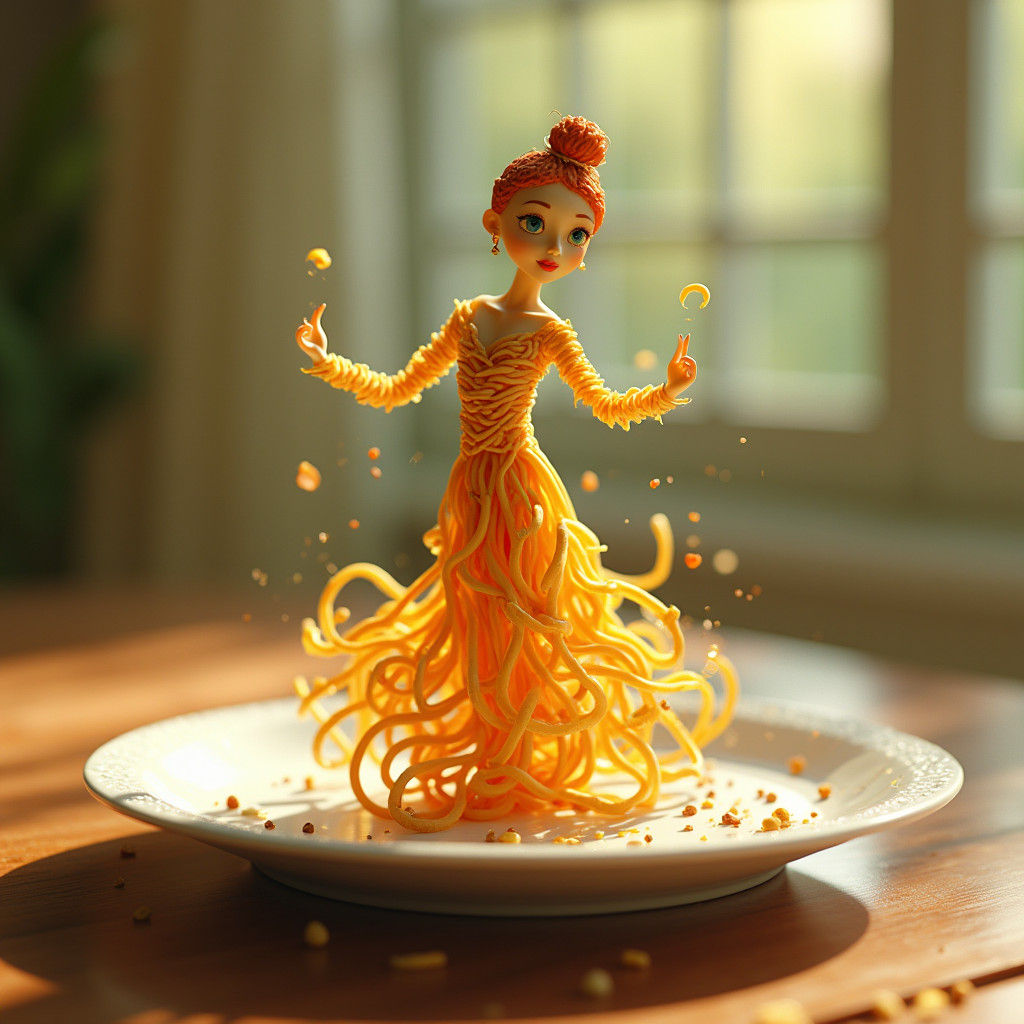 Dancing Noodle Figures in Kitchen: Detailed Fantasy Art