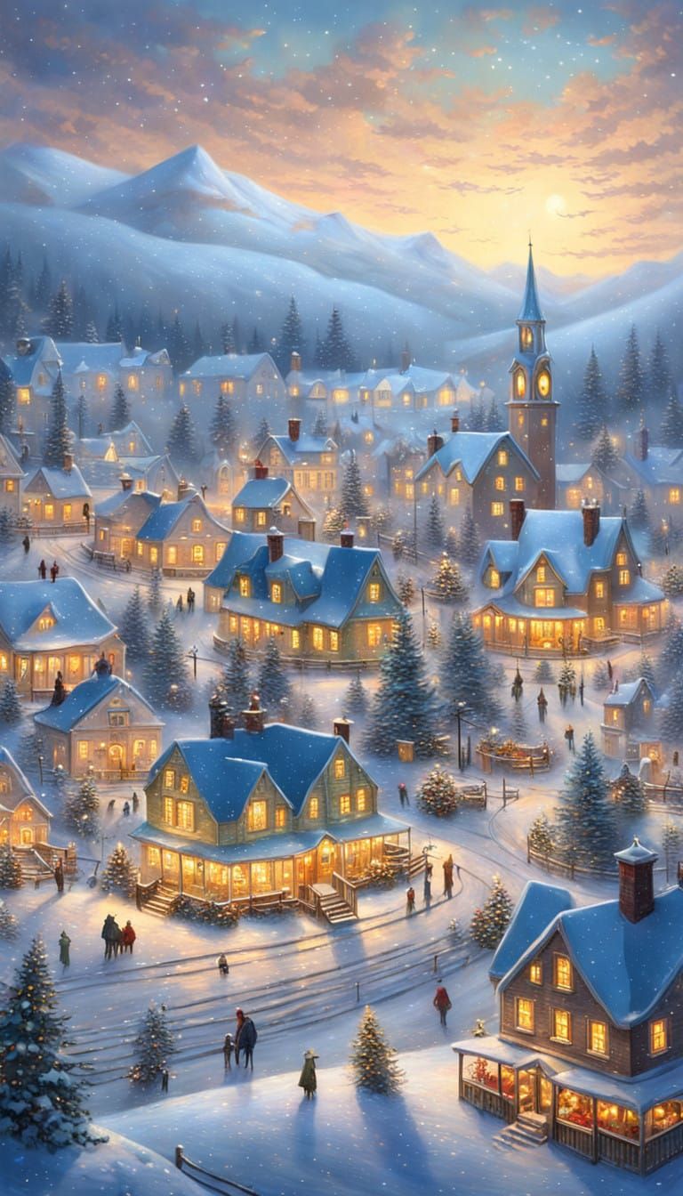 Whimsical Winter Village Under Golden Christmas Lights