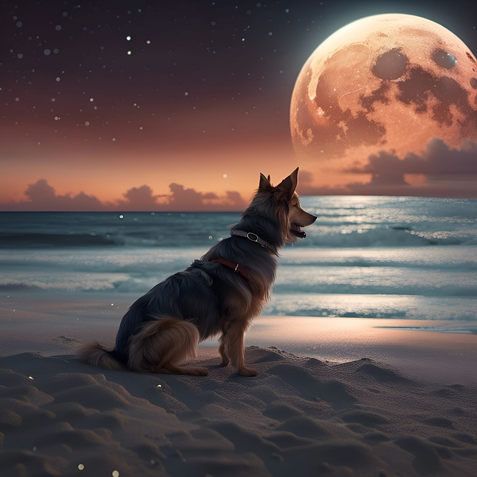 Dog Gazing at Moonlit Beach: Fantasy Concept Art