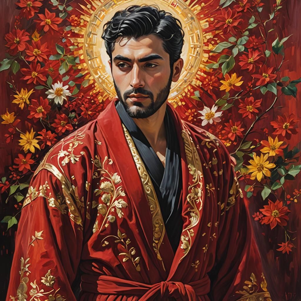 Portrait of Man in Red Velvet Bathrobe as Oil Painting