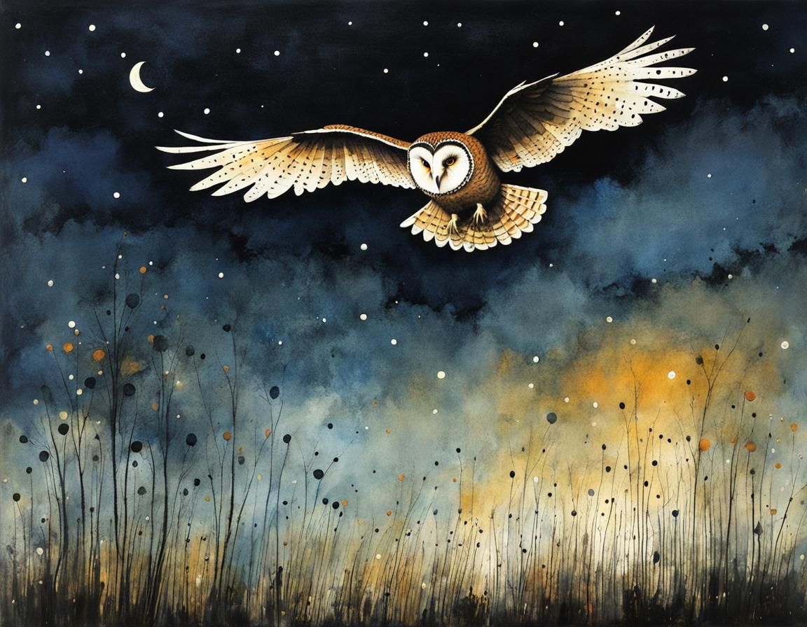 Whimsical Owl in Flight Illustration