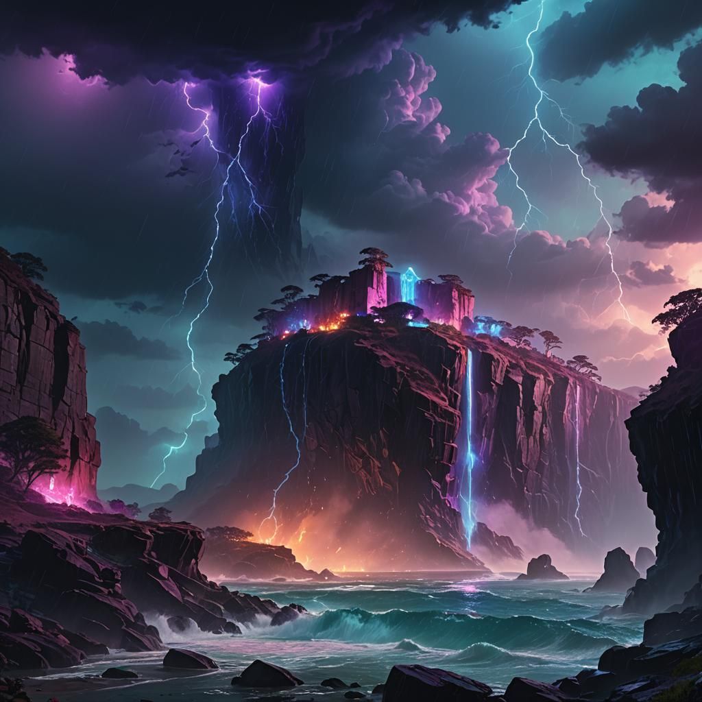 Stormy Cliff with Neon Lights: Fantasy Concept Art