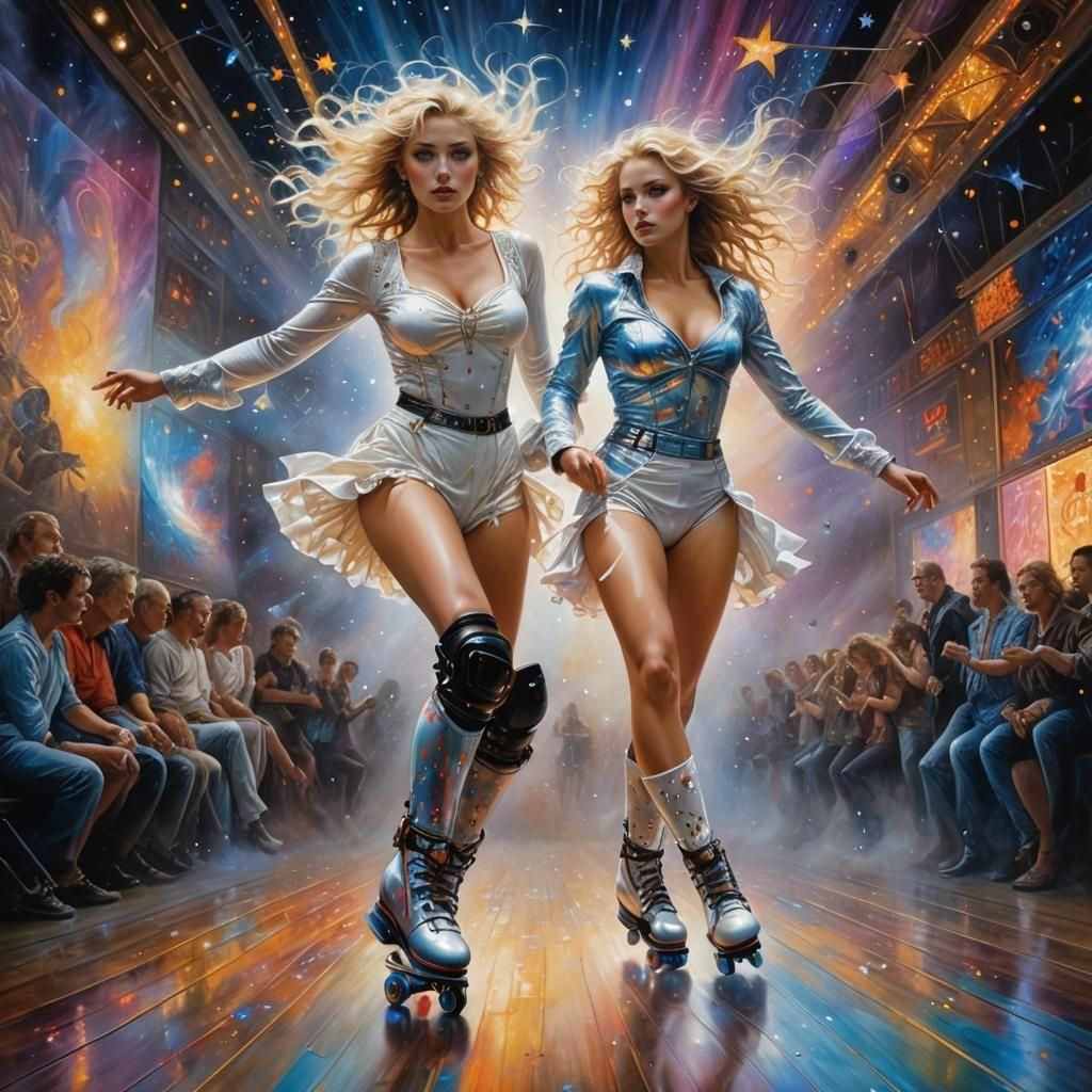 Woman Roller Skating in Surrealist Tempest of Color