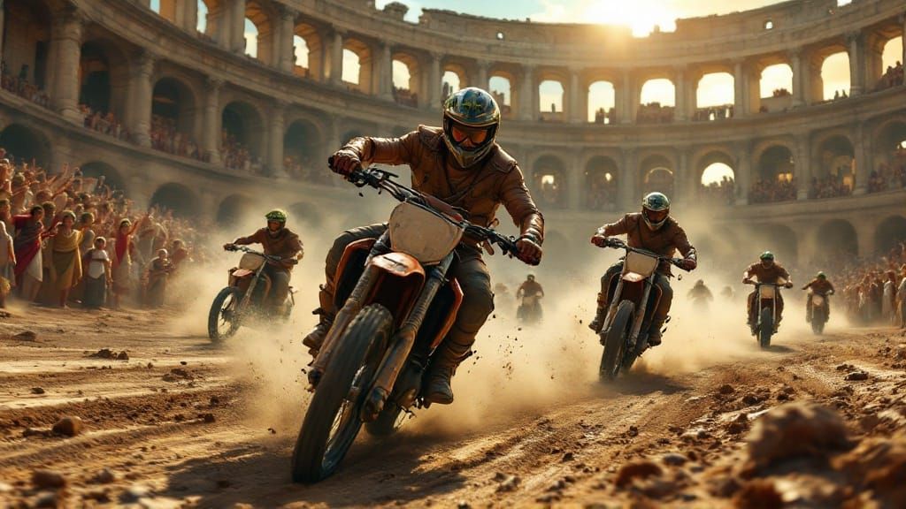 Motocross Riders Clash in Ancient Roman Arena