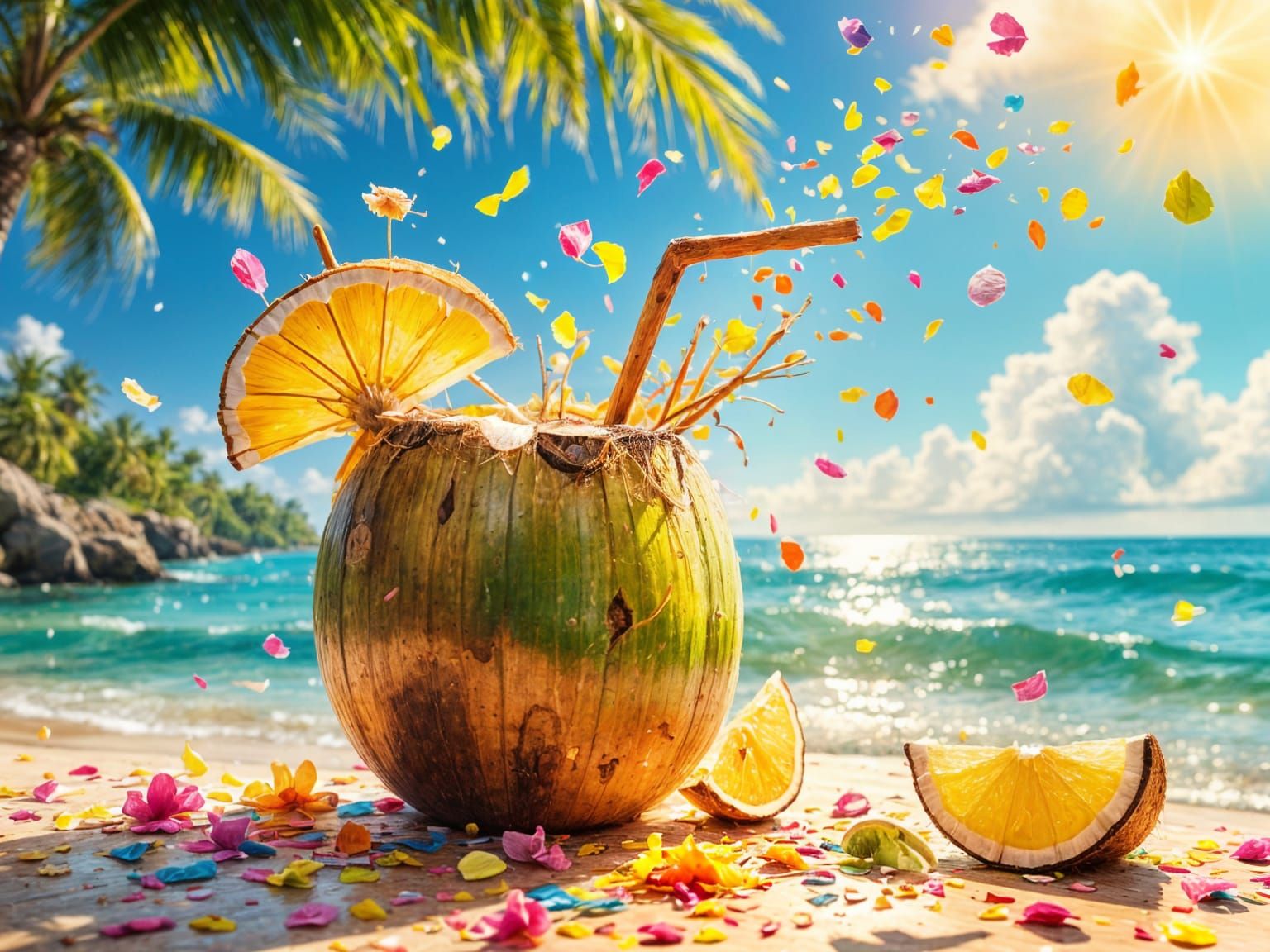 Confetti Celebration Over Coconut Drink in Summer