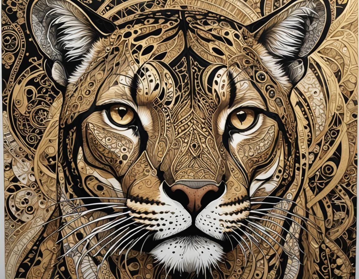 Zentangle Cougar Portrait in Gold and Ebony