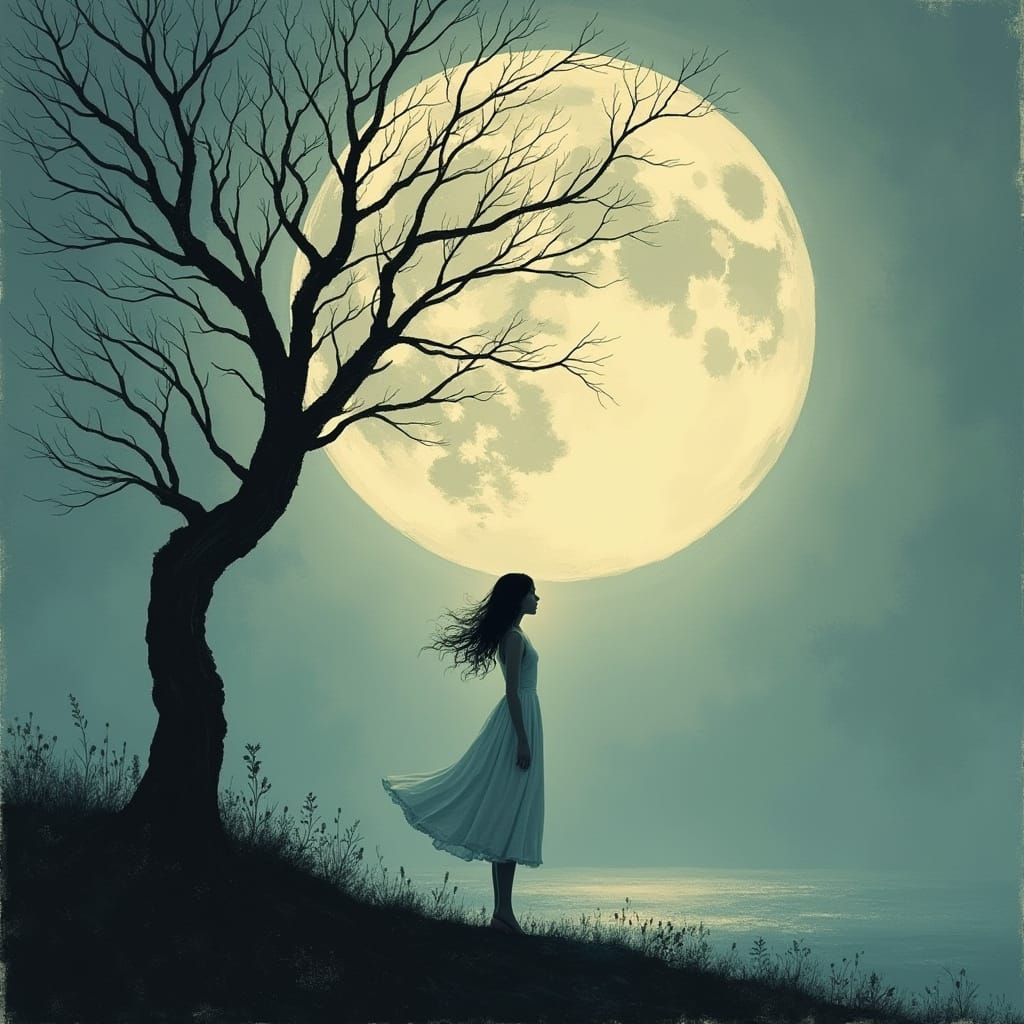 Serene Girl Under Full Moonlit Tree Silhouette
