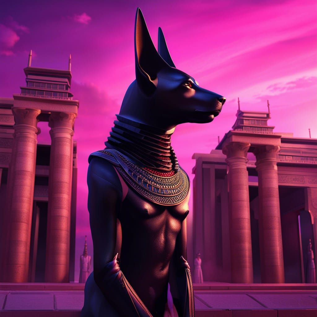 Anubis in Black Cowl at Sunset: Digital Matte Painting