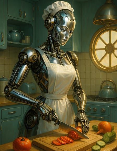 Surreal Futuristic Android Woman Prepares Gourmet Meal in Vi...
