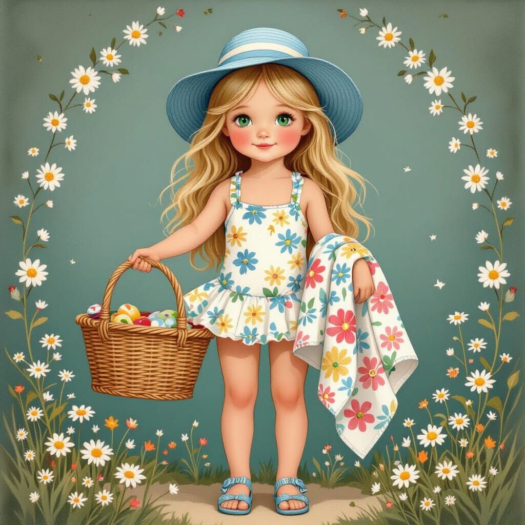 Girl with Picnic Basket in Storybook Illustration Style