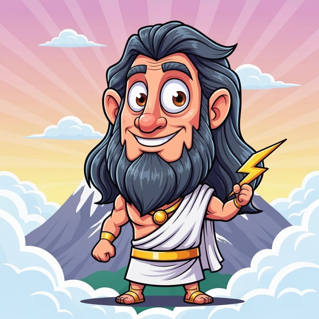 Cartoon Zeus, God of Thunder, in Whimsical Mount Olympus