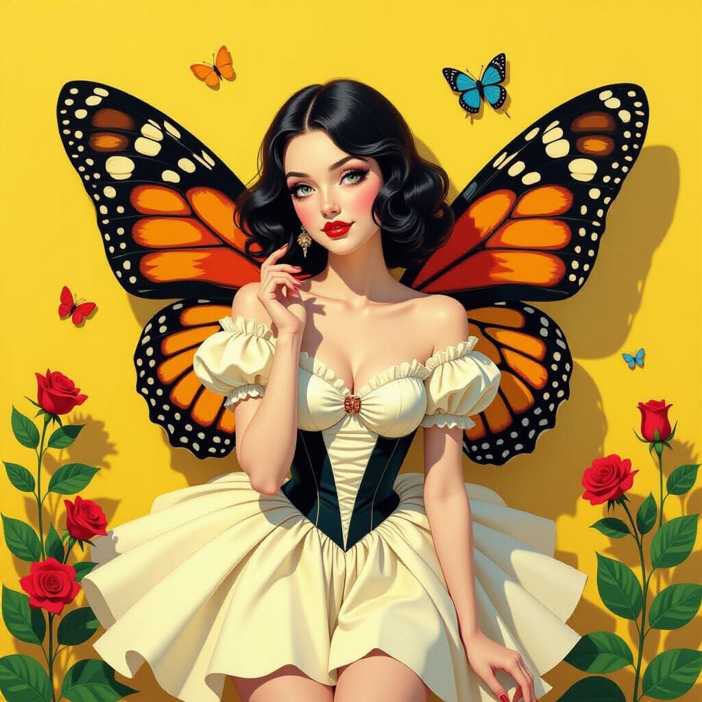 a painting of a woman with a butterfly on a yellow wall, gra...