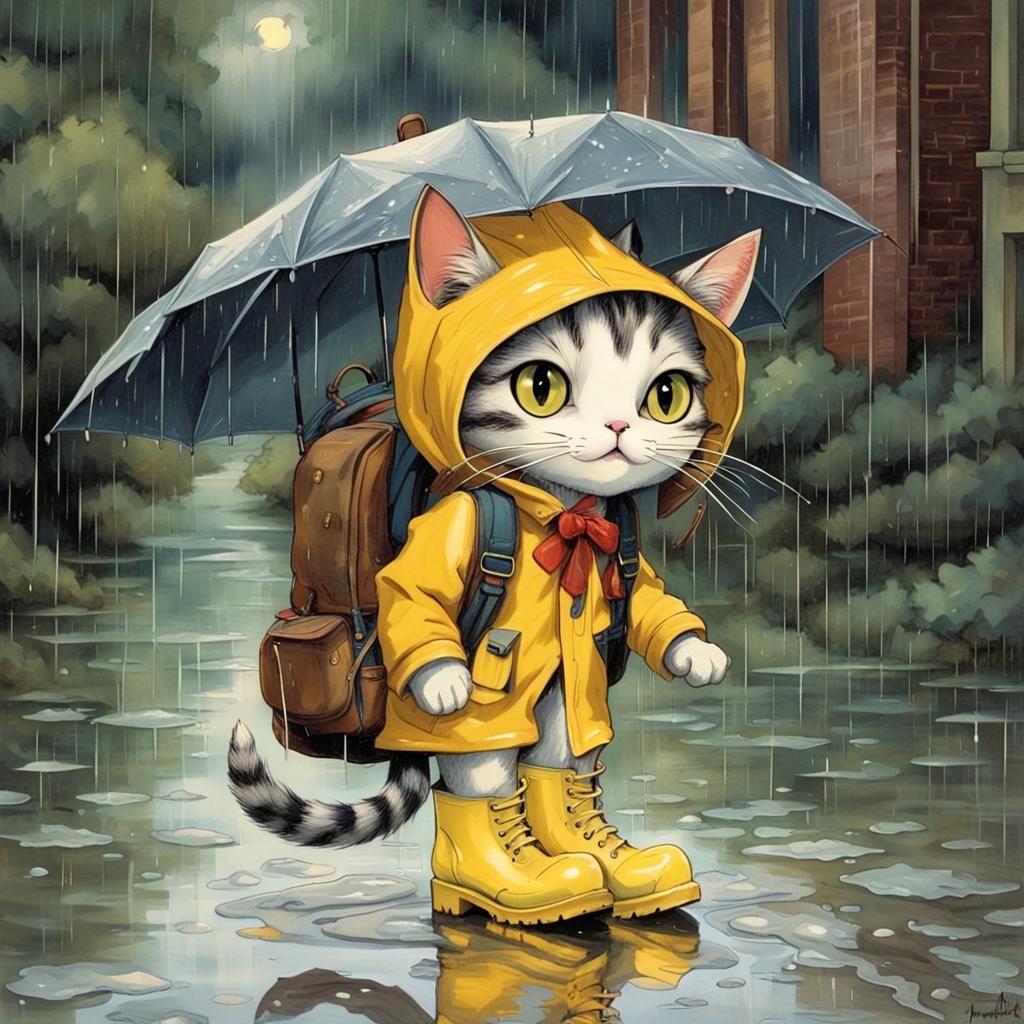 Anthropomorphic Cat in Rain, Ghibli-Inspired Art