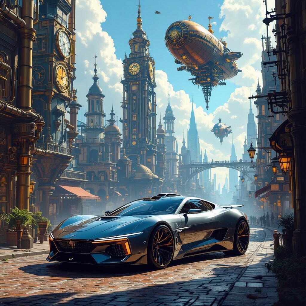 Cyberpunk Car in Steampunk City Digital Painting