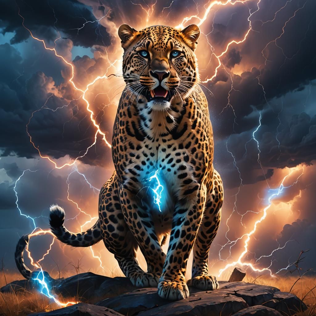 Electric Leopard Amidst Stormy Savannah: Surreal Fantasy Art